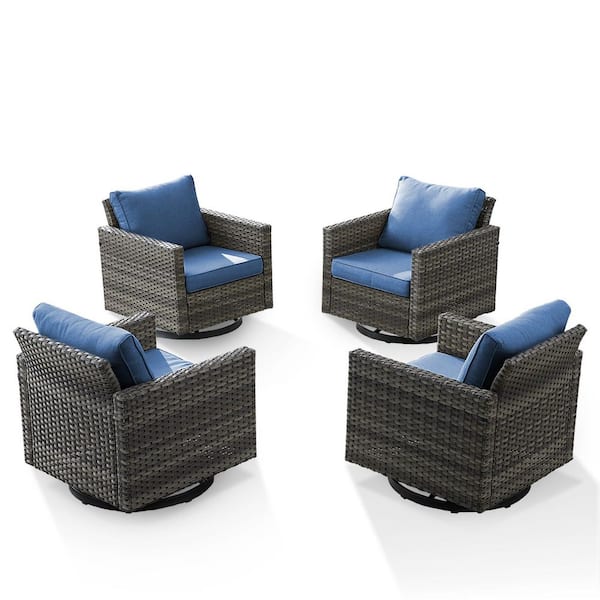 Carlos 4-Piece All-Weather Gray Wicker Outdoor Swivel Chairs with 4 in. Blue Cushions