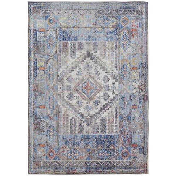 Weave & Wander Matana Ibiza Blue/Gray/Orange 5 ft. x 8 ft. Distressed Polyester Area Rug