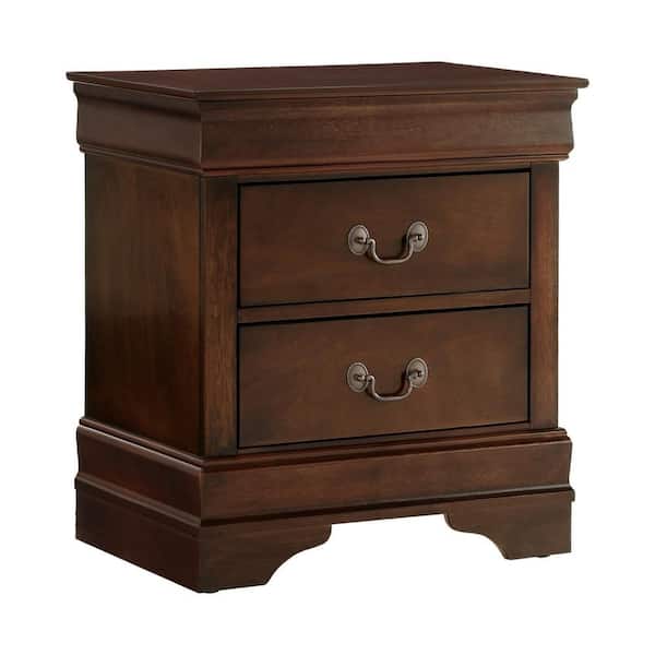 Benjara Cherry Brown 2-Drawers Nightstand with Curvy Handle