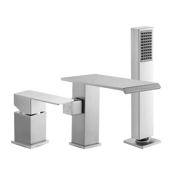 Roman Tub Faucet Set, 3-Hole Waterfall Bathtub with Shower Head and Single Handle, Deck-Mounted, Brushed Stainless Steel
