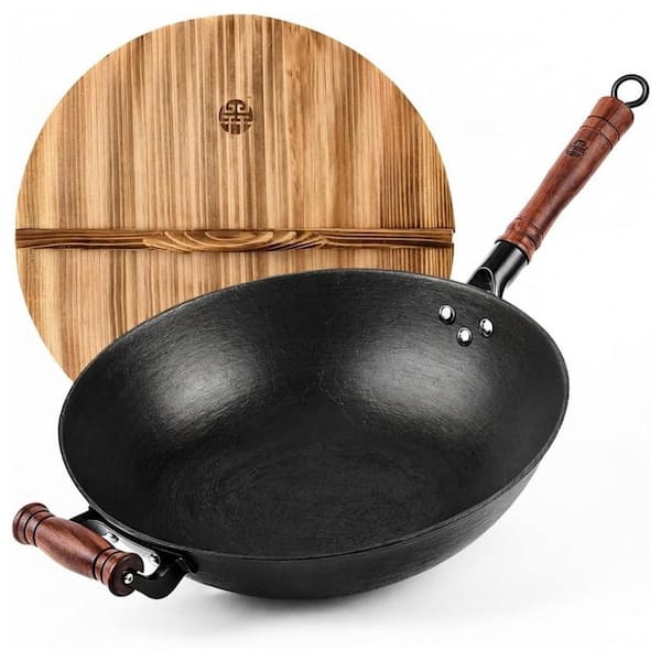 Large 14.2 in. Cast Iron Induction Wok with Wooden Lid and Handle, Turtle-Pattern Textured Uncoated Large Wok Skillet