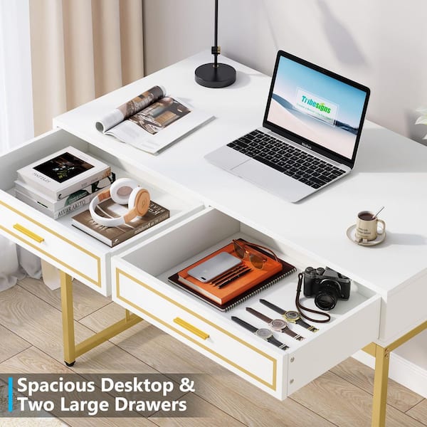 Tribesigns 47 Computer Desk with 2 Drawers, Modern Simple Laptop Desk ,  Rectangular White desk 