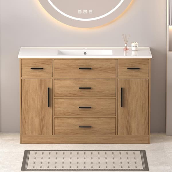48" Light Oak Bathroom Vanity with 2 Soft Close Doors and 6 Drawers