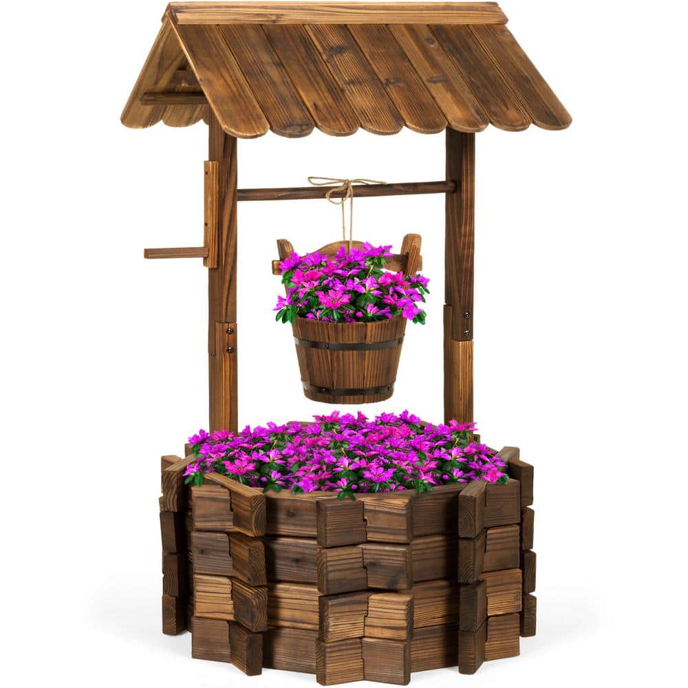 Rustic Fir Wood Wishing Well Planter with Hanging Bucket