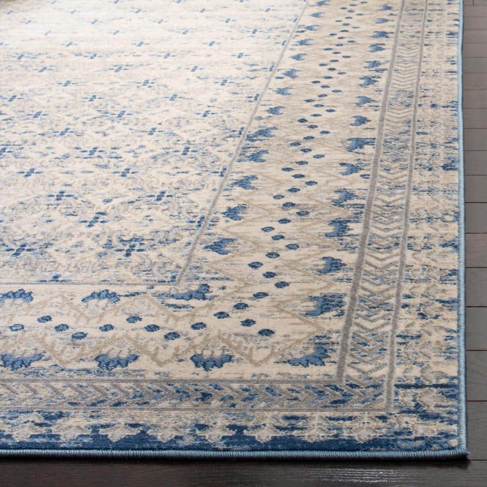 Light Grey and Blue Square Synthetic Geometric Area Rug