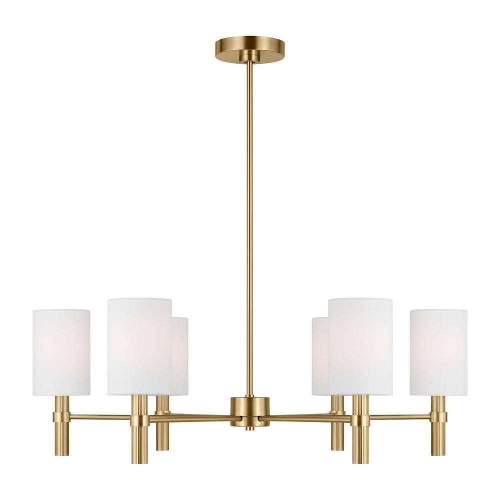Satin Brass 6-Light Chandelier with White Linen Shades