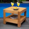 Largo teak wood patio side table with a lower storage shelf.