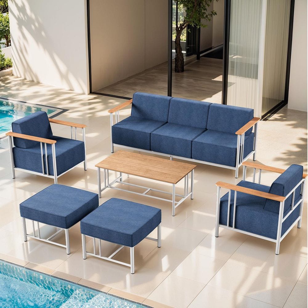 BoulderSeat White Metal Patio Conversation Set with 10 in. Thick Olefin Blue Cushions Patio Lounge Chairs (6-Piece) price history on PriceWatchPro