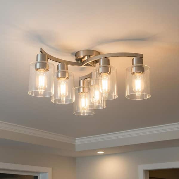 21 in. 6-Light Semi Flush Mount Ceiling Light, Brushed Nickel Fixture with Clear Glass for Bedroom and Hallway Decor