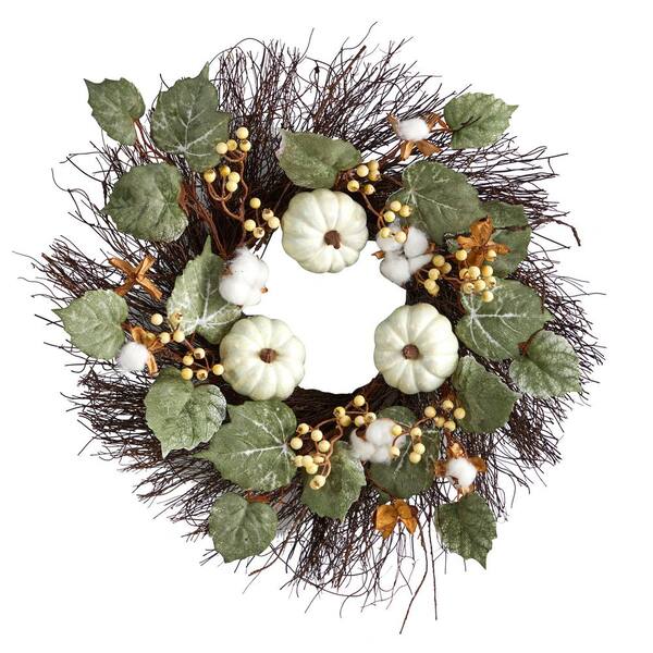 Nearly Natural 22 in. Green Autumn Green Pumpkin, Cotton and Berries Artificial Fall Wreath