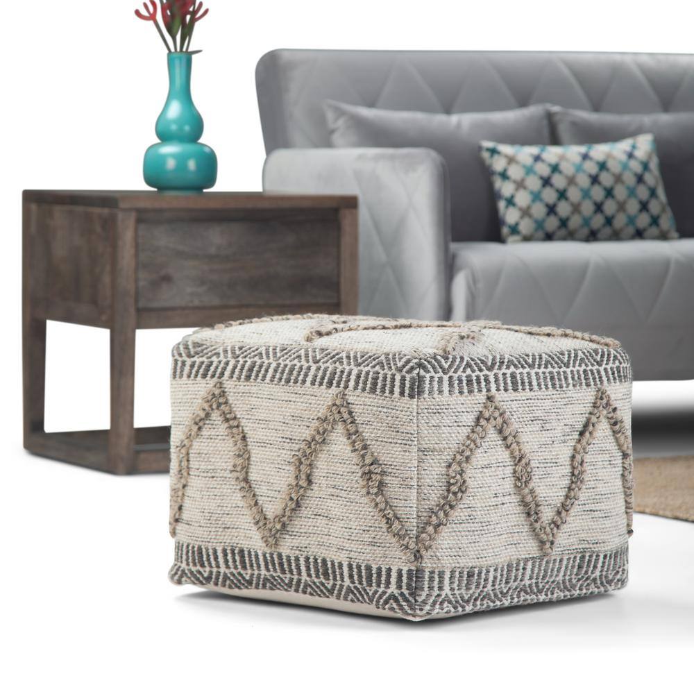 Sweeney Boho Handloom Woven Wool-Cotton Square Pouf in Grey Natural