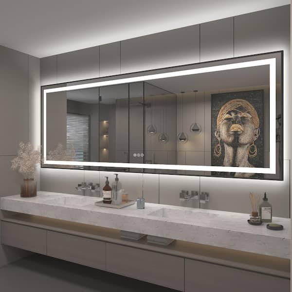 Apmir 96 in. W x 36 in. H Rectangular Framed Front & Back LED Lighted Anti-Fog Wall Bathroom Vanity Mirror in Tempered Glass