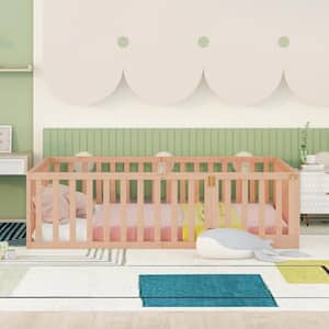 Natural Full Size Montessori Bed with Fence and Door, Toddler Floor Bed Frane Full Size, Floor Bed frame for Kids
