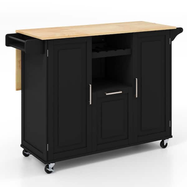 Costway Rolling Kitchen Island Utility Serving Cart with Drop Leaf Wine Rack Drawer Black
