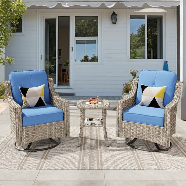 XIZZI Lumina 3-Piece Wicker Outdoor Rocking Chair Set with Diamond Blue Cushions