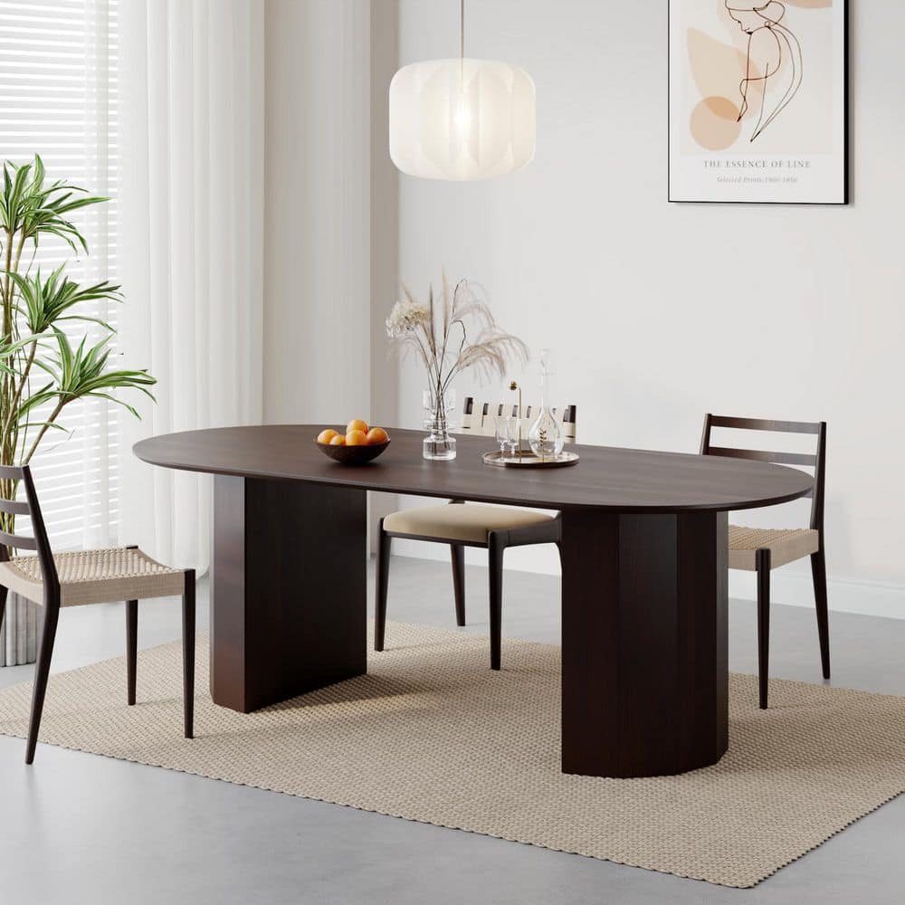 Modern Oval Walnut Wood 79 in. Double Pedestal Dining Table Seats 8
