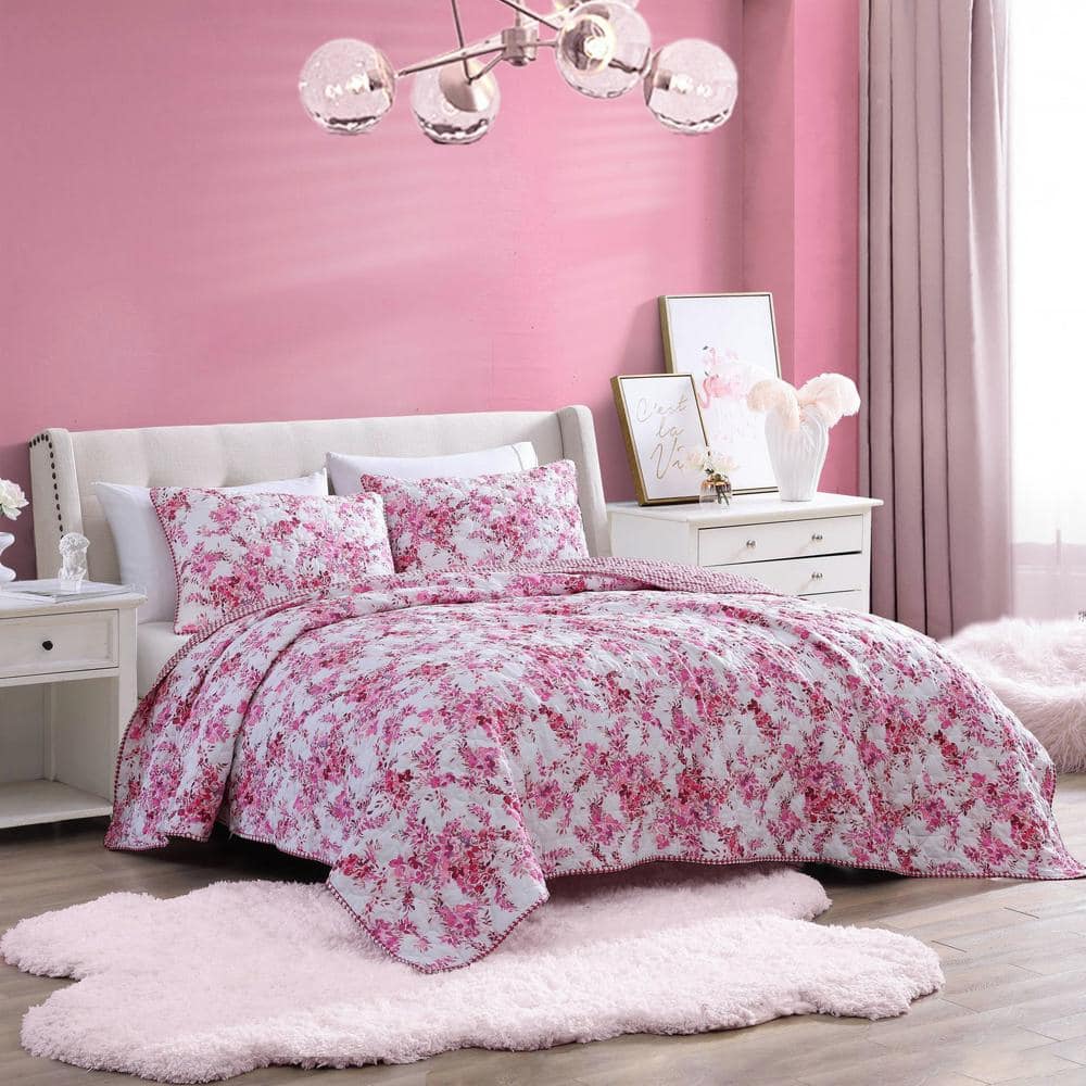 Floral Vineyard Pink Microfiber Full/Queen Reversible Quilt Set