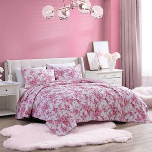 Floral Vineyard 3-Piece Pink Microfiber Full/Queen Quilt Set