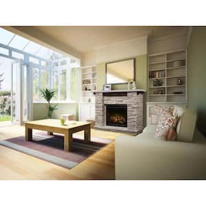 Featherston 64 in. Freestanding Mantel with 28 in. Electric Fireplace with Logs in Grey