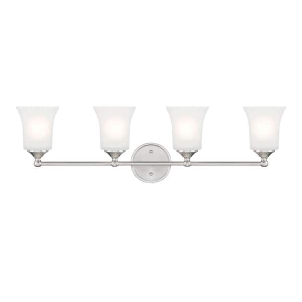 Bronson 31.75 in. 4-Light Brushed Nickel Transitional Vanity Light with Etched Glass Shades