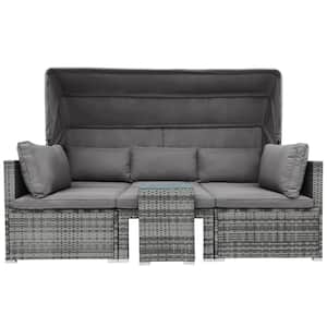 5 Pieces PE Wicker Rattan Outdoor Sectional Patio Daybed Sofa Set with Gray Cushions