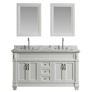 Hudson 61 in. W x 22 in. D x 34 in. H Vanity in White with Marble Vanity Top in Carrara White, Basin and Mirror