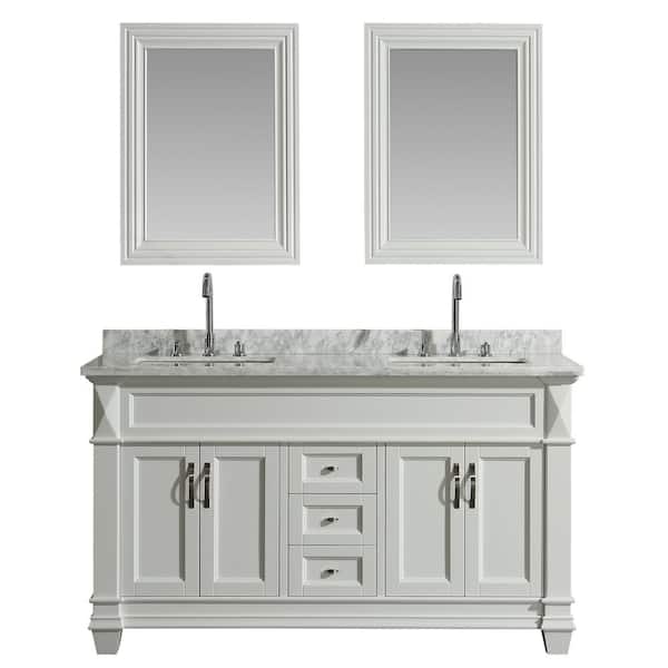 Design Element Hudson 61 in. W x 22 in. D x 34 in. H Vanity in White with Marble Vanity Top in Carrara White, Basin and Mirror