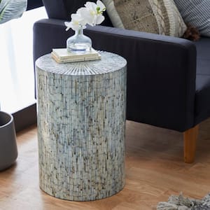 14 in. Light Blue Handmade Mosaic Large Cylinder Wood End Table