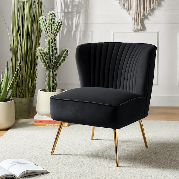 Monica Modern Black Velvet Comfy Living Room Side Chair with Golden Metal Legs