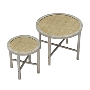 23.6 in. D x 17.7 in. H Natural Rattan Round Wood Nesting Coffee Tables Rustic Accent End Side Table (Set of 2)