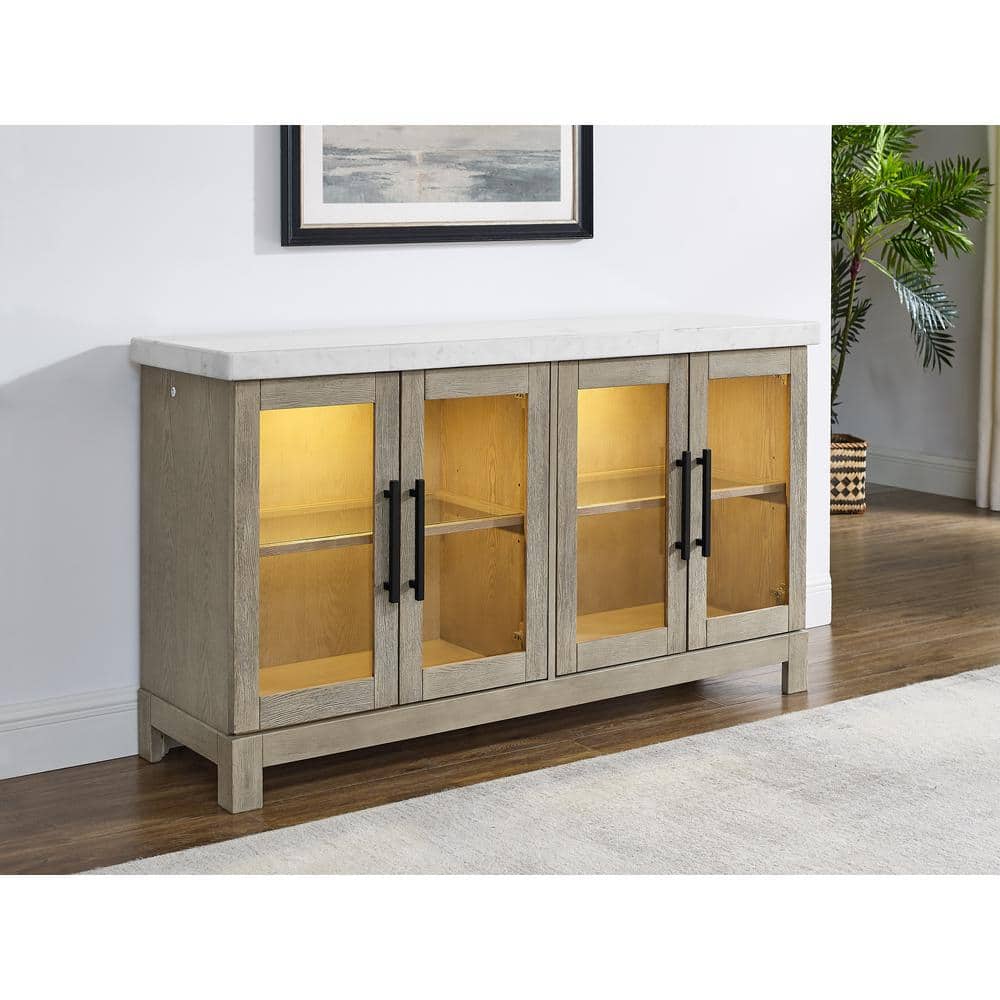 Carena Lighted White Marble and Wheat Wood Sideboard
