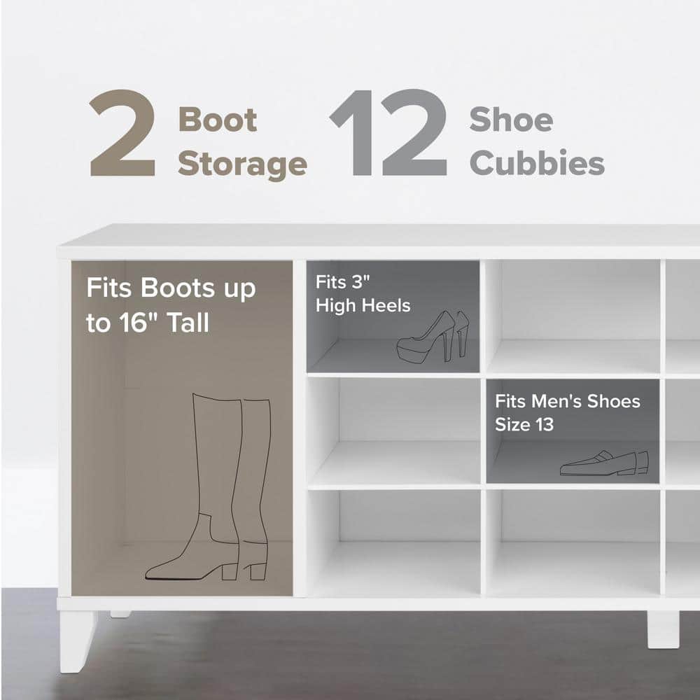 White Wooden Entryway Shoe Storage Bench with 14 Cubbies
