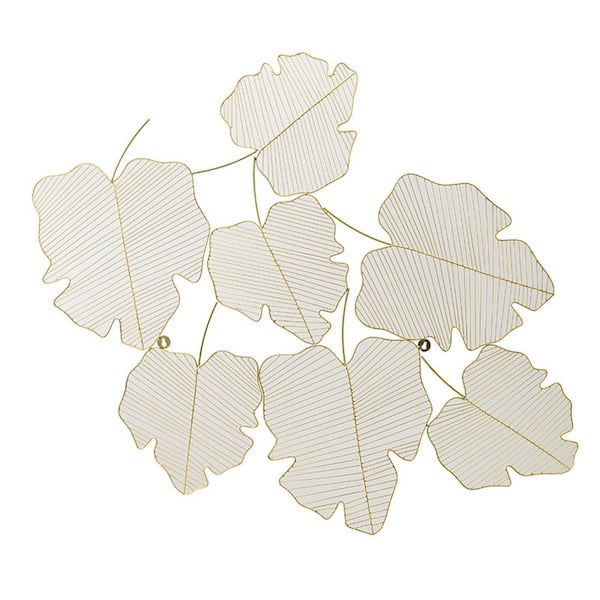 Benjara White and Gold Metal Attached Leaves Design Decorative Wall Art