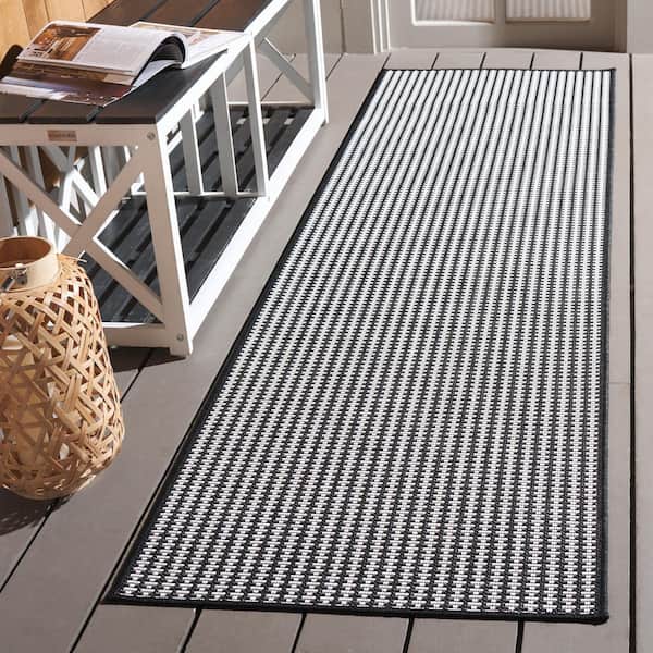 Terrace Black/White 2 ft. x 8 ft. Geometric Striped Indoor/Outdoor Runner Rug