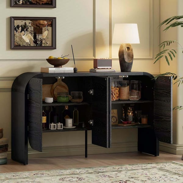 56 in. Black Rectangle MDF Console Table with Curvy Edge and Adjustable Shelves