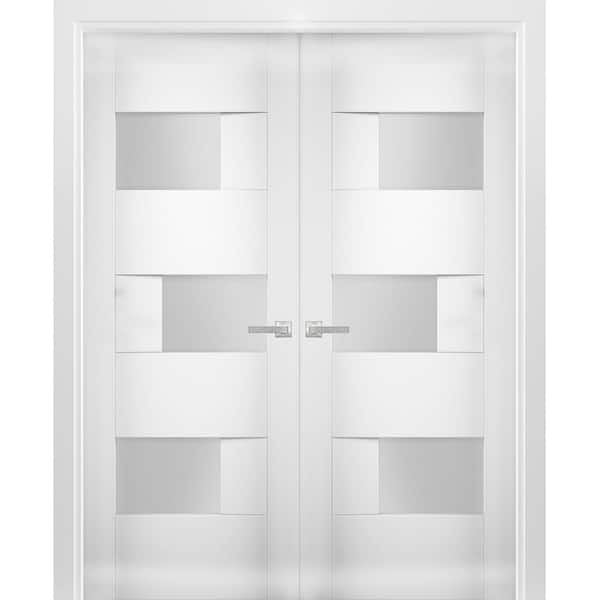56 in. x 80 in. Single Panel White Finished Pine Wood Sliding Door with Hardware