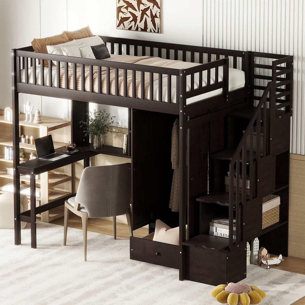 Twin size Loft Bed with Bookshelf, Drawers, Desk, and Wardrobe-Espresso