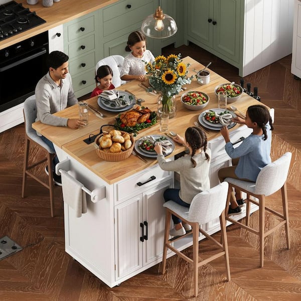 Runesay Farmhouse White Wood 56.5 in. Power Outlet Drop Leaf Embossed Vertical Stripe Kitchen Island with 4-Door and 5-Drawer