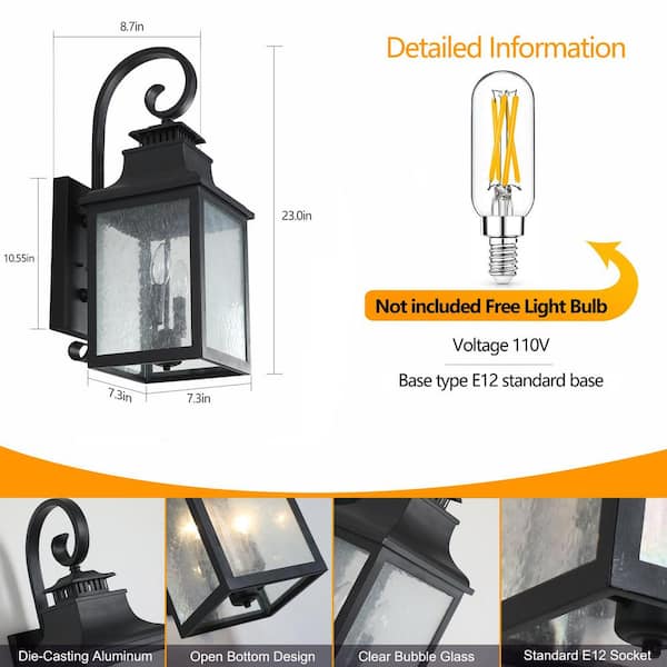 23 in. Black Large Outdoor Hardwired Wall Sconce with No Bulbs Included (2-Pack)