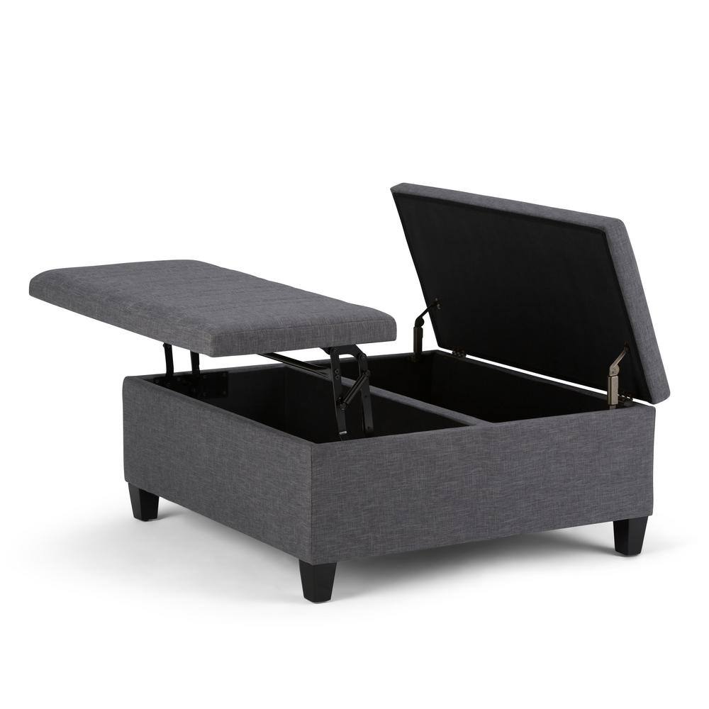 Slate Gray Linen-Look Dual Compartment Flip-Up Ottoman