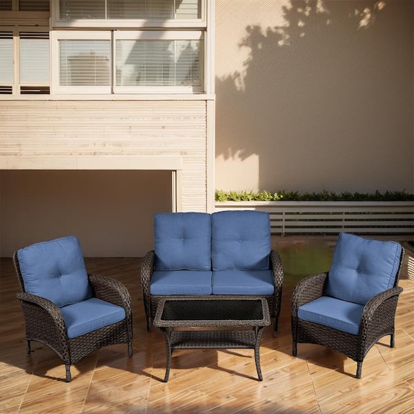 Pocassy Brown 4-Piece Wicker Outdoor Loveseat Set Patio Rattan Loveseat 2 Lounge Chairs and Coffee Table with Blue Cushions