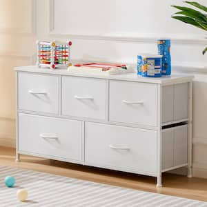 Rafael White 39 in. W 5-Drawer Dresser with Fabric Bins and Steel Frame Storage Organizer Chest of Drawers