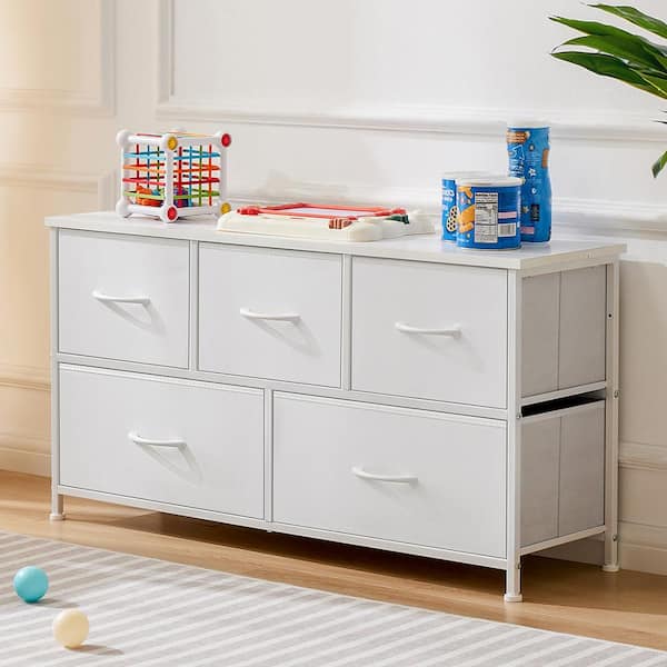 FIRNEWST Rafael White 39 in. W 5-Drawer Dresser with Fabric Bins and Steel Frame Storage Organizer Chest of Drawers