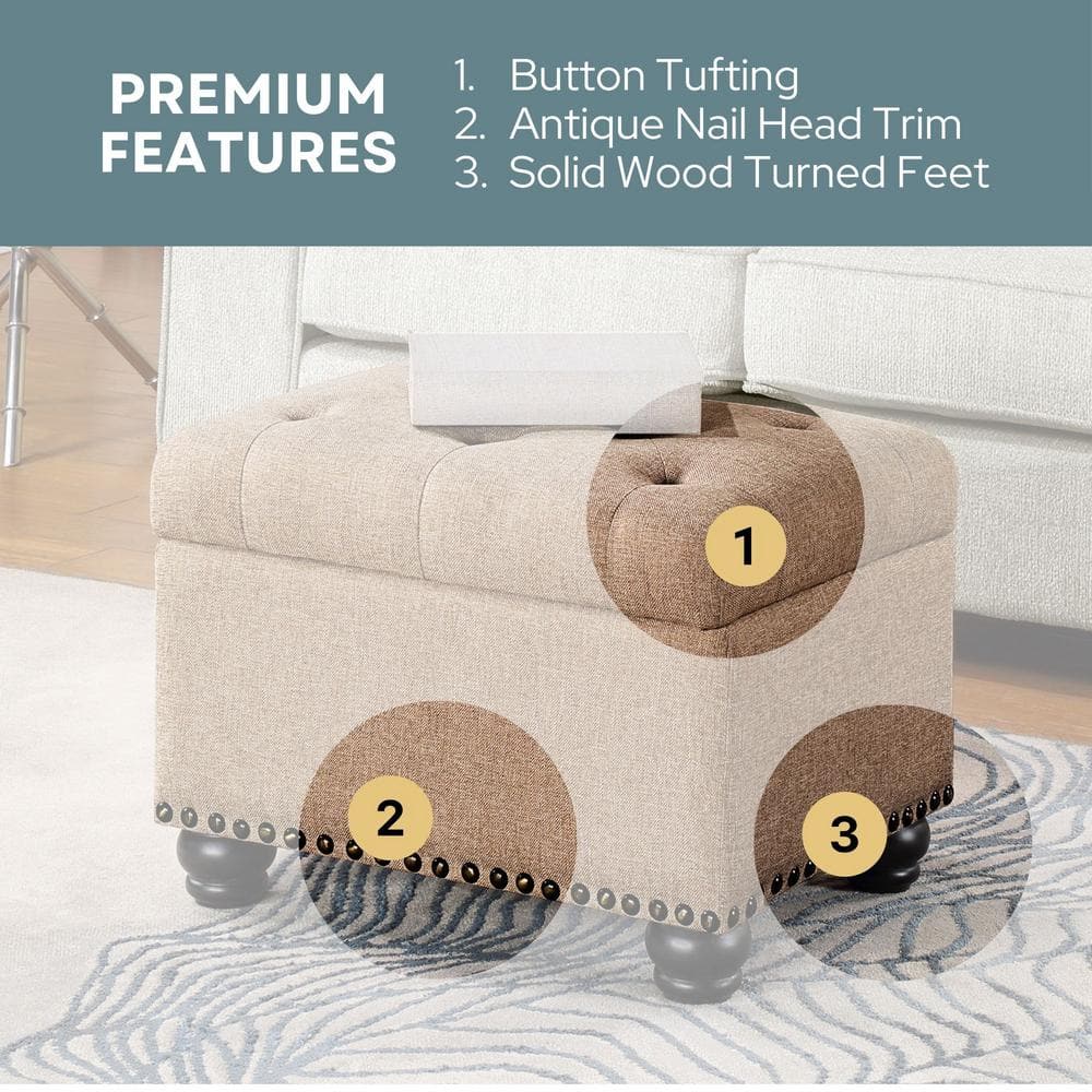 Tan Tufted Storage Ottoman with Nailhead Trim