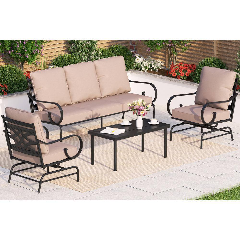 PHI VILLA Black Metal 5 Seat 4Piece Steel Outdoor Patio Conversation