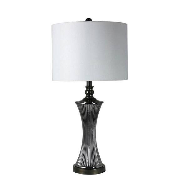 Fangio Lighting 29 in. Smoke Glass and Brushed Steel Striped Hourglass Vase Shaped Table Lamp