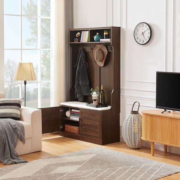 WONDER COMFORT Walnut 4-in-1 Hall Tree Coat Rack with Storage Bench, 4-Metal Hooks and Shoe Storage for Entryway Bedroom