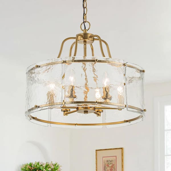 6 Light Brushed Gold Modern Drum Chandelier Light Fixture with Hammer Glass Shade for Dining Room with No Bulbs Included