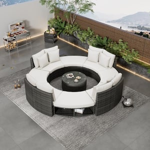 9-Piece Wicker Patio Conversation Set with Beige Cushions, Sectional Sofa Lounge Set with Coffee Table, 4 Pillows