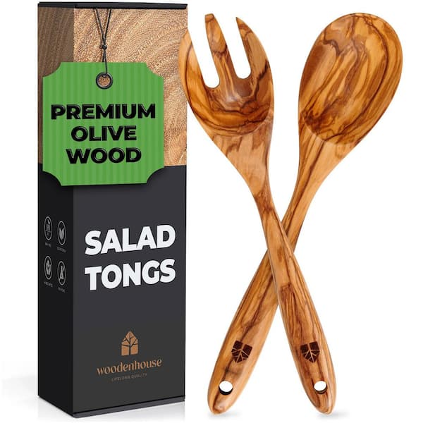 Unbranded Olive Wood Salad Tongs - 12 in. Wooden Fork and Spoon Set, Natural Finish for Mixing, Tossing, and Serving.